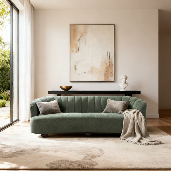 Velaf Green Chenille Curved Channeled Sofa (87'')