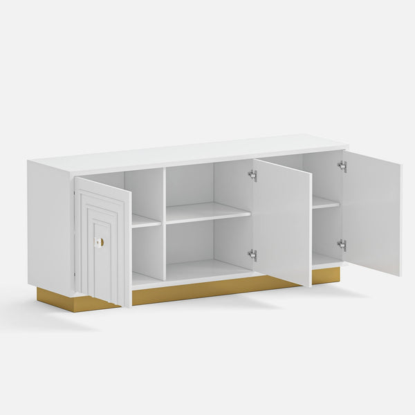 White 3-door sideboard with open doors on a white background