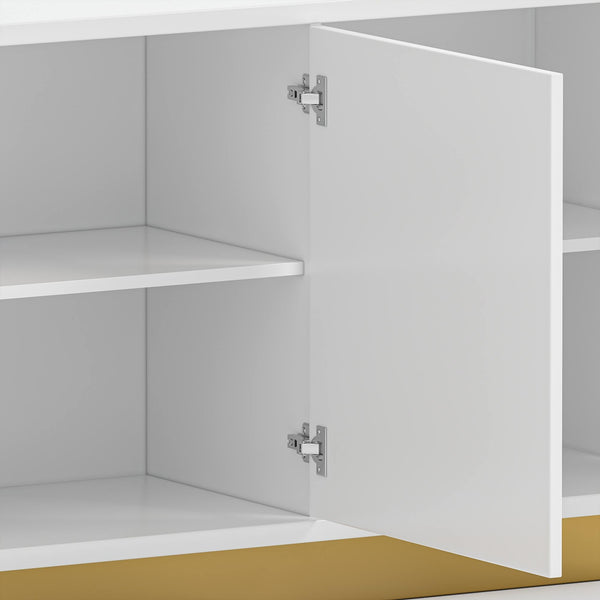 White sideboard cabinet with open door on a white background