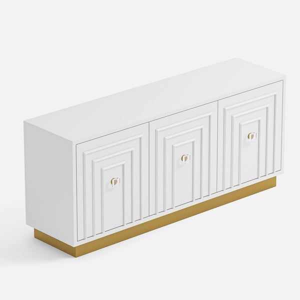 White 3-door sideboard with gold base on a white background