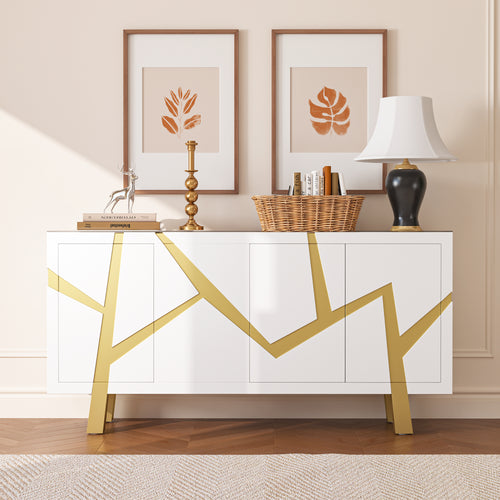 White 4-door sideboard with gold legs in a room setting