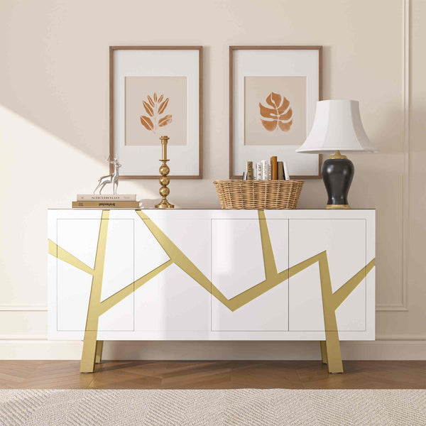 White 4-door sideboard with gold legs in a room setting