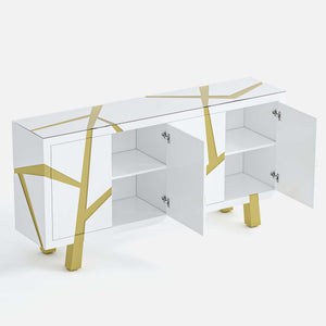White 4-door sideboard with gold geometric accents on a white background
