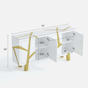 Modern 4-door sideboard with gold legs and clear glass top, shown with dimensions on a white background.