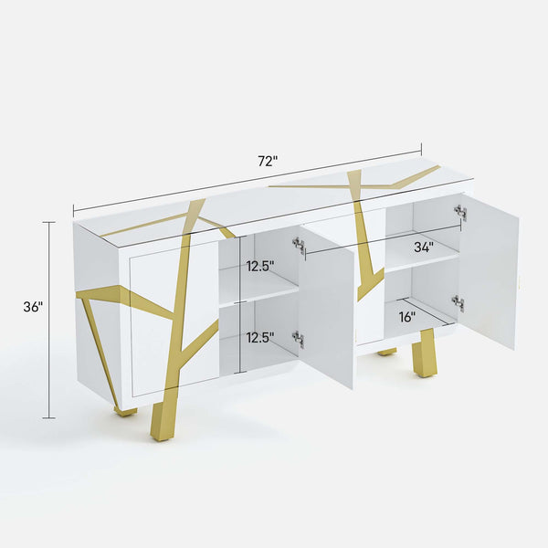 Modern 4-door sideboard with gold legs and clear glass top, shown with dimensions on a white background.