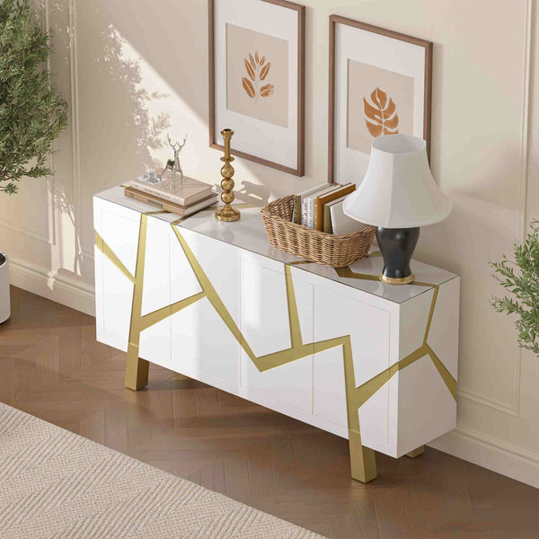 White 4-door sideboard with gold accents in a room setting