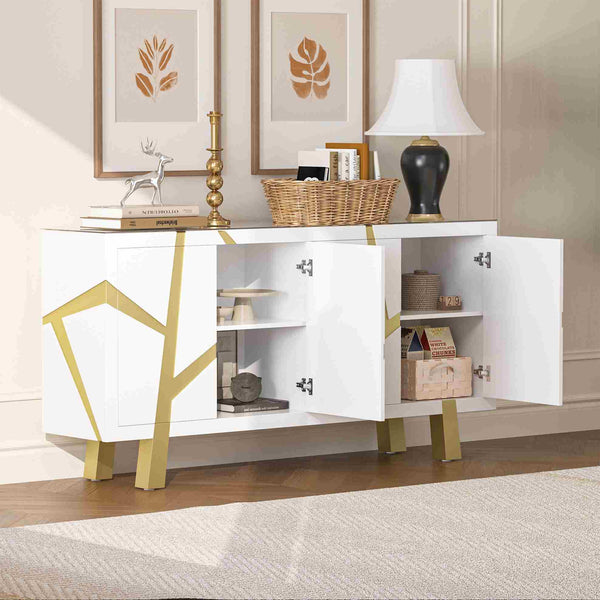 White 4-door sideboard with gold legs in a room setting
