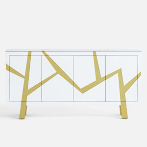 Modern 4-door sideboard with gold geometric legs on a white background