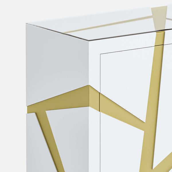 White 4-door sideboard with gold geometric accents on a white background
