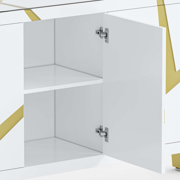 White sideboard cabinet with open door on a white background