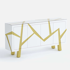 White 4-door sideboard with gold geometric design on a white background