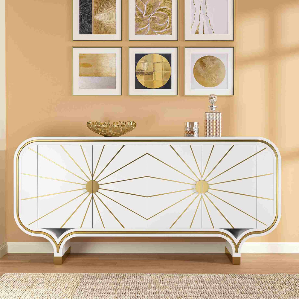 Decorative modern 4-door buffet with gold accents against a wall with framed art.