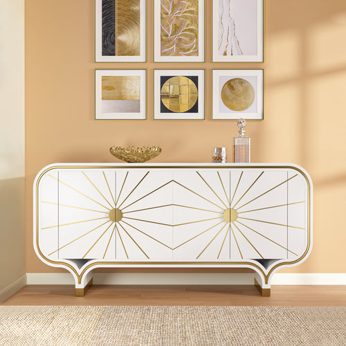 Decorative modern 4-door buffet with gold accents against a wall with framed art.