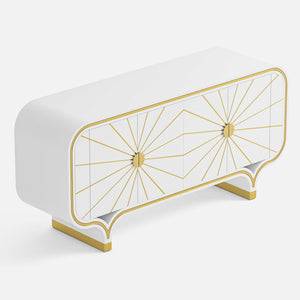 White 4-door buffet with gold geometric design on a white background.