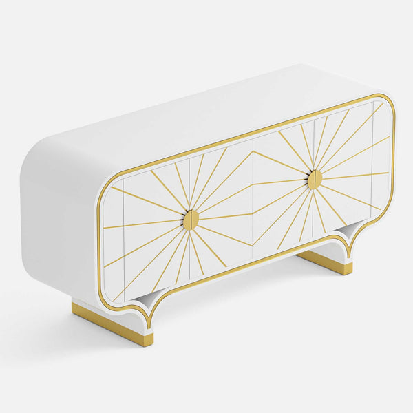 White 4-door buffet with gold geometric design on a white background.