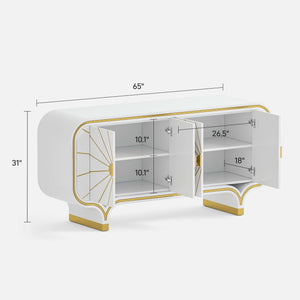 White 4-door buffet with gold accents and dimensions on a white background