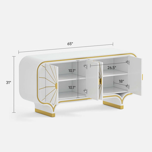 White 4-door buffet with gold accents and dimensions on a white background