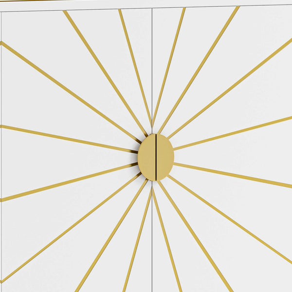 Gold sunburst design on a white background. Part of the 4-door buffet accents.