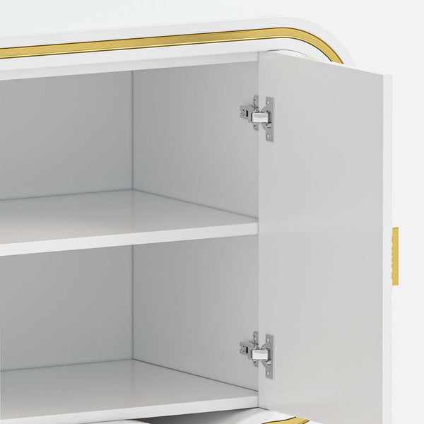 White cabinet with gold accents and open door on a white background
