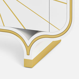 Close-up of a white and gold 4-door buffet leg on a white background.