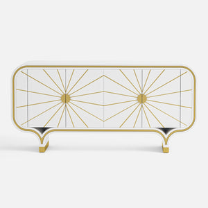 Decorative 4-door buffet with gold geometric design on a white background