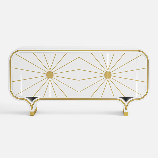 Decorative 4-door buffet with gold geometric design on a white background