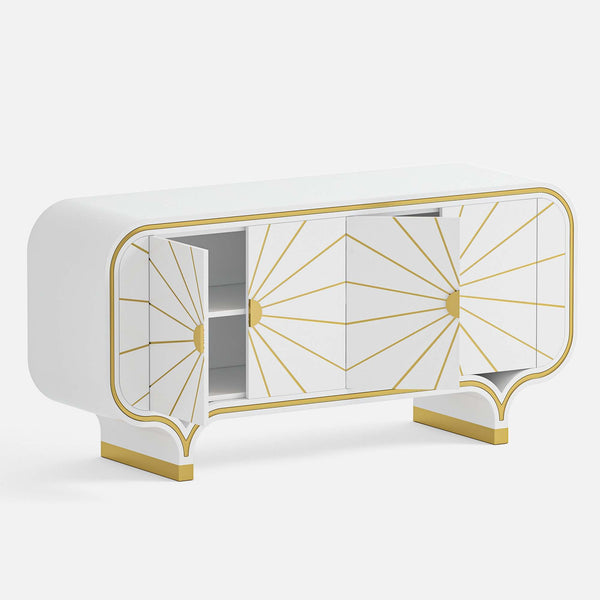 White console table with gold geometric patterns on a white background