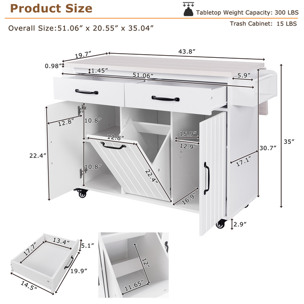 Multifunctional Rolling Kitchen Island (51'')